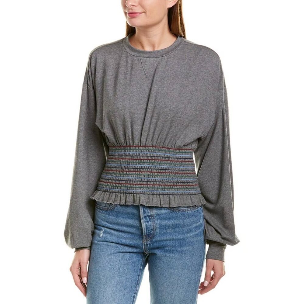 Petersyn Sweatshirt Womens S Gray Cory Smocked Waist Balloon Ruched Sleeve NWT